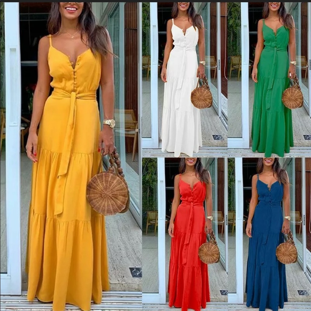 Buttoned, Spaghetti Strap, Ruffled, Maxidress